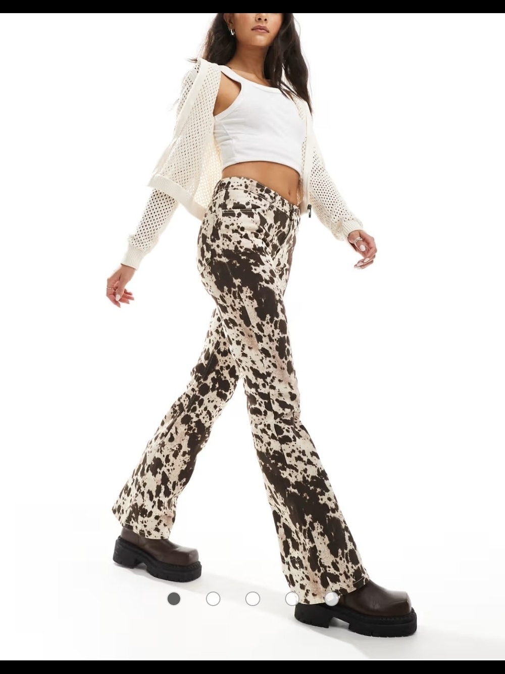 Monki Women's Regular Fit Flare Brown Cowprint Pants Size 36EU/6 USA